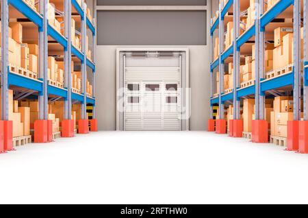Magazzino con rack per pallet pieni di scatole e pacchi di cartone, rendering 3D. Foto Stock