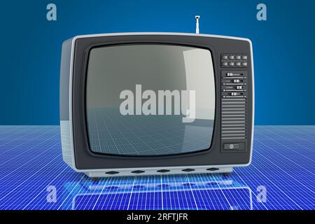 TV con sfondo digitale futuristico e rendering 3D. Foto Stock