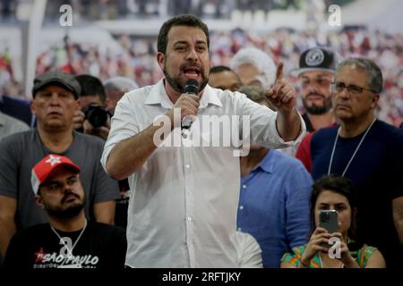 San Paolo, Brasile. 5 agosto 2023. SP - SAN PAOLO - 08/05/2023 - SAN PAOLO, PT OFFICIALIZES SOSTEGNO AL NOME DI GUILHERME BOULOS PER LE ELEZIONI del 2024 - deputato federale Guilherme Boulos (PSOL) durante un evento che ha reso pubblico il sostegno del Partito dei lavoratori (PT) di San Paolo a suo nome per candidarsi a sindaco di San Paolo nelle elezioni del 2024. Foto: Suamy Beydoun/AGIF Credit: AGIF/Alamy Live News Foto Stock