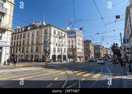 Ginevra, Svizzera - 24 marzo 2022: Architettura generica e vista stradale da Ginevra, Svizzera il 25 marzo. Foto Stock