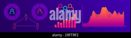 Diagrammi e diagrammi. Infografica per le persone moderne. Illustrazione vettoriale piatta isolata su sfondo viola. Illustrazione Vettoriale