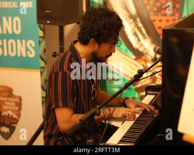 New Orleans, USA. 5 agosto 2023. Il pianista Oscar Rossignoli si esibisce all'interno del New Orleans Jazz Museum durante il Satchmo Summerfest all'Old U.S. Mint a New Orleans, Louisiana, sabato 5 agosto 2023. (Foto di Peter G. Forest/Sipa USA) credito: SIPA USA/Alamy Live News Foto Stock