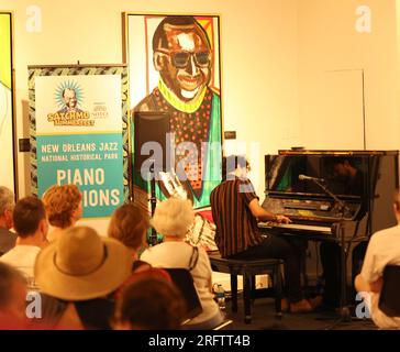 New Orleans, USA. 5 agosto 2023. Il pianista Oscar Rossignoli si esibisce all'interno del New Orleans Jazz Museum durante il Satchmo Summerfest all'Old U.S. Mint a New Orleans, Louisiana, sabato 5 agosto 2023. (Foto di Peter G. Forest/Sipa USA) credito: SIPA USA/Alamy Live News Foto Stock