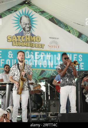 New Orleans, USA. 5 agosto 2023. Troy Sawyer and the Elementz (featuring Girls Play Trumpets Too) si esibiscono sul palco della Eugenie and Joseph Jones Family Foundation durante il Satchmo Summerfest presso l'Old U.S. Mint a New Orleans, Louisiana, sabato 5 agosto 2023. (Foto di Peter G. Forest/Sipa USA) credito: SIPA USA/Alamy Live News Foto Stock