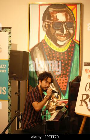 New Orleans, USA. 5 agosto 2023. Il pianista Oscar Rossignoli si esibisce all'interno del New Orleans Jazz Museum durante il Satchmo Summerfest all'Old U.S. Mint a New Orleans, Louisiana, sabato 5 agosto 2023. (Foto di Peter G. Forest/Sipa USA) credito: SIPA USA/Alamy Live News Foto Stock