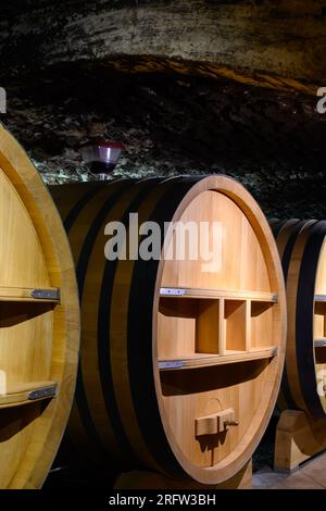 Cantine sotterranee con botti per l'invecchiamento del vino rosso secco nel villaggio di produzione di vino Chateauneuf-du-Pape in Francia, con vigneti verdi su un grande peb Foto Stock