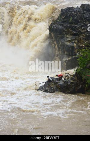 India, Jabalpur, Madhya Pradesh, 06 agosto 2023: Un pescatore utilizza una rete per pescare nelle acque grezze vicino alle cascate Dhuandhar a seguito di forti precipitazioni sul fiume Narmada a Bhedhaghat, Jabalpur, Madhya Pradesh. Foto di - Uma Shankar Mishra/Alamy Live News Foto Stock