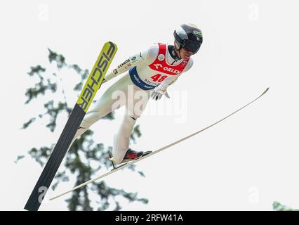 Szczyrk, Polonia. 5 agosto 2023. Ren Nikaido durante la gara individuale del FIS Ski Jumping Summer Grand Prixp a Wisla. Credito: SOPA Images Limited/Alamy Live News Foto Stock