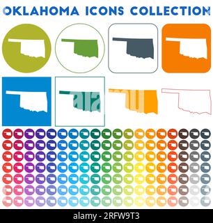 Oklahoma icons Collection. Icone luminose colorate e alla moda. Moderno distintivo dell'Oklahoma con mappa dello stato degli Stati Uniti. Illustrazione vettoriale. Illustrazione Vettoriale