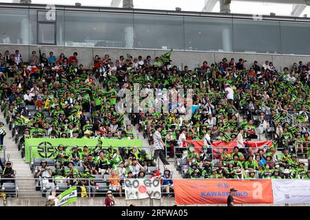 Suzuka, GIAPPONE, 6 agosto 2023. Fan di Kawasaki durante la 44a gara di Endurance 2023 della Coca-Cola Suzuka 8hr, Suzuka, Giappone. Crediti: Ivica Glavas/Speed Media/Alamy Live News Foto Stock