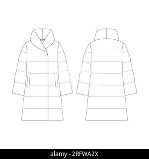 Modello donna in piuma a vista con disegno vettoriale, modello piatto, outerwear della collezione di abbigliamento Illustrazione Vettoriale