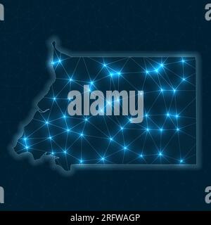 Mappa della rete della Guinea Equatoriale. Mappa geometrica astratta del paese. Connessioni digitali e progettazione di telecomunicazioni. Rete Internet brillante. Arti Illustrazione Vettoriale