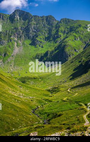 Tortuosa strada di campagna in una valle di montagna. I monti Fagaras, Carpazi, Romania. Foto Stock