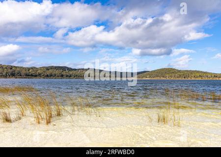 Lago Birrabeen arroccato sul lago Fraser Island K'gari Blue Sky Winter Day, Queensland, Australia Foto Stock