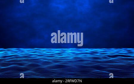 La tecnologia digitale astratta la luce blu 3d particelle di onde d'acqua su sfondo blu gradiente. Foto Stock