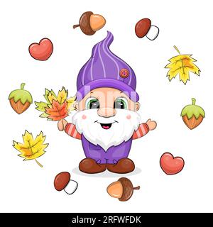 Adorabile gnomo da cartoni animati con foglie cadute. Illustrazione vettoriale autunnana di un nano con cuori rossi, noci, ghiande, funghi, foglie su sfondo bianco. Illustrazione Vettoriale