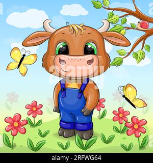 Carino toro dei cartoni animati in tuta in natura. Illustrazione vettoriale di animali primaverili con fiori rossi, farfalle gialle, erba verde, albero, cielo blu. Illustrazione Vettoriale