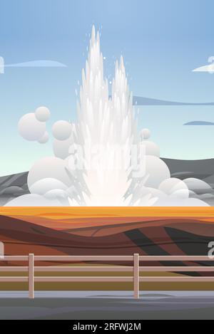 impressionante eruzione di vapore di acqua calda geyser attivo che fuoriesce da una fontana elettrica sotterranea all'aperto Illustrazione Vettoriale
