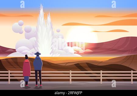 i turisti si avvicinano all'impressionante eruzione di vapore attivo di acqua calda geyser che fuoriesce da una fontana sotterranea all'aperto Illustrazione Vettoriale