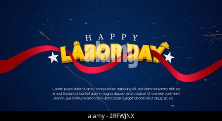 Buon Labor Day 4 settembre con testo giallo in 3d. Sfondo blu e nastro rosso, design del poster vettoriale. Illustrazione Vettoriale