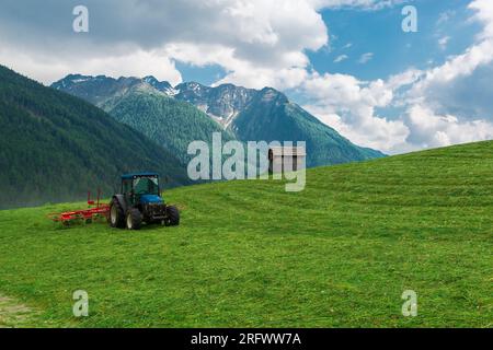 Piccolo trattore che taglia l'erba nel pittoresco campo agricolo alpino in Austria Foto Stock