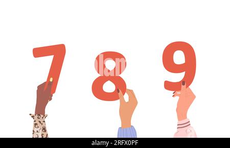Gruppo di mani femminili diverse che tengono numeri rossi. Diverse persone multietniche sono insieme. Illustrazione vettoriale disegnata a mano in stile cartone animato Illustrazione Vettoriale
