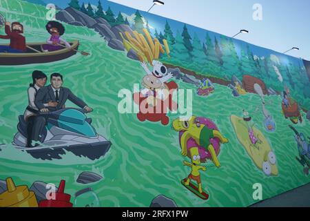 Los Angeles, California, USA 5 agosto 2023 Una visione generale di Atmosphere of Animation Characters Street Art Mural il 5 agosto 2023 a Los Angeles, California, USA. Foto di Barry King/Alamy Stock Photo Foto Stock
