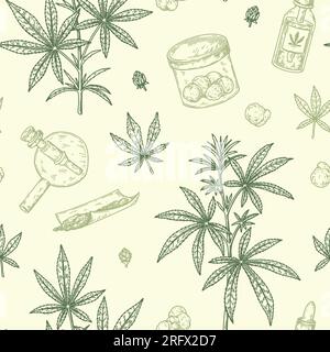 Foglie di cannabis, ossa e articolazioni modello senza cuciture. Sfondo vintage disegnato a mano con marijuana. Illustrazione vettoriale nello stile di schizzo. Deg. Incisione erbacce Illustrazione Vettoriale