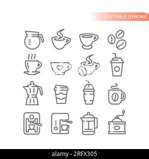 Tazza da caffè, icone vettoriali linea macchina. Caffè, caffè da asporto e set di icone french press. Illustrazione Vettoriale