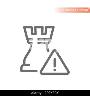 Pezzo di scacchi del re e punto esclamativo di avvertimento o cantare del punto. Icona vettore linea di attenzione, pericolo o violazione del sistema. Illustrazione Vettoriale