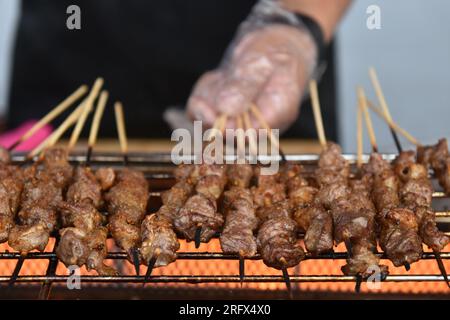 Fuyang, Cina. 6 agosto 2023. Uno chef grigia kebab di agnello a Fuyang. I kebab di agnello alla griglia sono molto amati in tutta la Cina e sono una delle prelibatezze più amate del popolo cinese, Credit: SOPA Images Limited/Alamy Live News Foto Stock