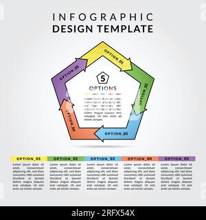 5 opzioni di progettazione vettoriale infografica con concept colorato per il marketing. Modello di progettazione infografica aziendale. Vettore e illustrazione. Illustrazione Vettoriale