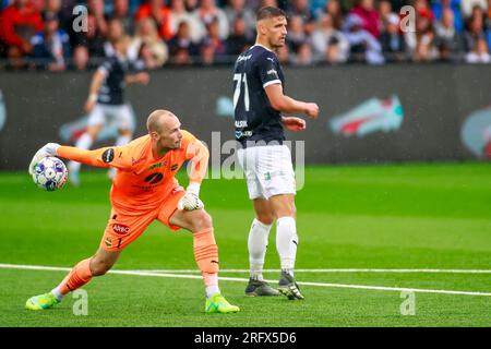 Drammen, Norvegia, 5 agosto 2023. Il portiere di Strømsgodset, Viljar Myhra, nella partita tra Strømsgodset e Vålerenga al Marienlyst Stadion di Drammen. Crediti: Frode Arnesen/Alamy Live News Foto Stock