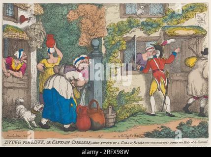 Dying for Love, o Captain Careless, Shot Flying di una ragazza dei Quindici che inaspettatamente le ha fatto uscire la testa da un Casement 1810 di Thomas Rowlandson Foto Stock