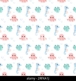 Schema di creature marine senza cuciture Set vettore carino su sfondo bianco isolato, gamberi, alghe marine, coralli, granchi, delfino, pesce cavallo, polpo Illustrazione Vettoriale