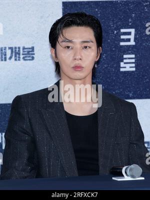 Seoul, Corea del Sud. 31 luglio 2023. L'attore sudcoreano Park Seo-joon, photocall per la premiere di Film concrete utopia a Seul, Corea del Sud, il 31 luglio 2023. Il film aprirà il 9 agosto. (Foto di Lee Young-ho/Sipa USA) credito: SIPA USA/Alamy Live News Foto Stock