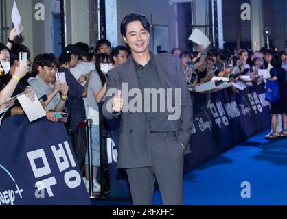 Seoul, Corea del Sud. 3 agosto 2023. L'attore sudcoreano Zo in-sung, assiste a un tappeto blu per il film Disney "Moving" Blue Carpet a Seul, Corea del Sud, il 3 agosto 2023. (Foto di Lee Young-ho/Sipa USA) credito: SIPA USA/Alamy Live News Foto Stock