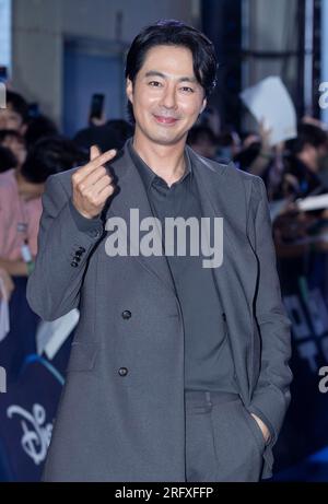 Seoul, Corea del Sud. 3 agosto 2023. L'attore sudcoreano Zo in-sung, assiste a un tappeto blu per il film Disney "Moving" Blue Carpet a Seul, Corea del Sud, il 3 agosto 2023. (Foto di Lee Young-ho/Sipa USA) credito: SIPA USA/Alamy Live News Foto Stock