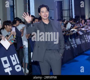 Seoul, Corea del Sud. 3 agosto 2023. L'attore sudcoreano Zo in-sung, assiste a un tappeto blu per il film Disney "Moving" Blue Carpet a Seul, Corea del Sud, il 3 agosto 2023. (Foto di Lee Young-ho/Sipa USA) credito: SIPA USA/Alamy Live News Foto Stock