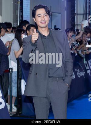 Seoul, Corea del Sud. 3 agosto 2023. L'attore sudcoreano Zo in-sung, assiste a un tappeto blu per il film Disney "Moving" Blue Carpet a Seul, Corea del Sud, il 3 agosto 2023. (Foto di Lee Young-ho/Sipa USA) credito: SIPA USA/Alamy Live News Foto Stock