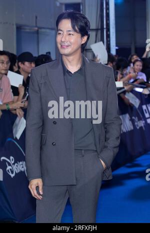 Seoul, Corea del Sud. 3 agosto 2023. L'attore sudcoreano Zo in-sung, assiste a un tappeto blu per il film Disney "Moving" Blue Carpet a Seul, Corea del Sud, il 3 agosto 2023. (Foto di Lee Young-ho/Sipa USA) credito: SIPA USA/Alamy Live News Foto Stock