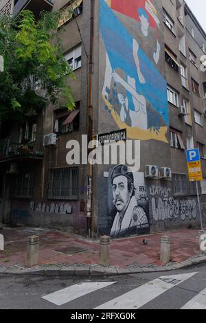 Street Art / Graffiti su un edificio grigio e deprimente di appartamenti nella capitale Belgrado, Serbia. 6 agosto 2023. Foto Stock