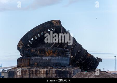 Redcar, UK, 06/08/23: Resti finali della Redcar Blast Furnace nel sito delle ex acciaierie SSI a Redcar, Regno Unito. L'altoforno è stato demolito nel novembre 2022 come parte della riqualificazione del sito che è stato supervisionato dal sindaco di Tees Valley Ben Houchen. Crediti fotografici; notizie Jason Brown/Alamy Live Foto Stock