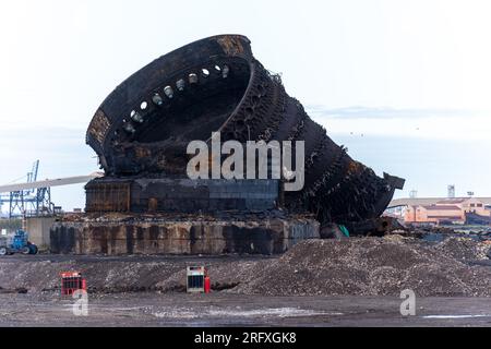 Redcar, UK, 06/08/23: Resti finali della Redcar Blast Furnace nel sito delle ex acciaierie SSI a Redcar, Regno Unito. L'altoforno è stato demolito nel novembre 2022 come parte della riqualificazione del sito che è stato supervisionato dal sindaco di Tees Valley Ben Houchen. Crediti fotografici; notizie Jason Brown/Alamy Live Foto Stock