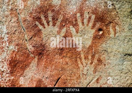 Dipinti aborigeni di 3500 anni alla "The Gallery" Carnarvon National Park, Queenslandf, Australia. Foto Stock
