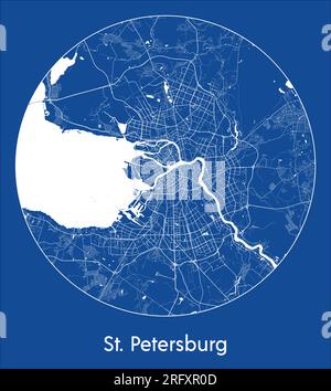 Mappa della città di St Pietroburgo Russia Europa illustrazione vettoriale circolare con stampa blu Illustrazione Vettoriale