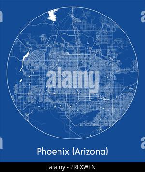 Mappa della città Phoenix Arizona Stati Uniti Nord America Stampa blu illustrazione vettoriale circolare Illustrazione Vettoriale