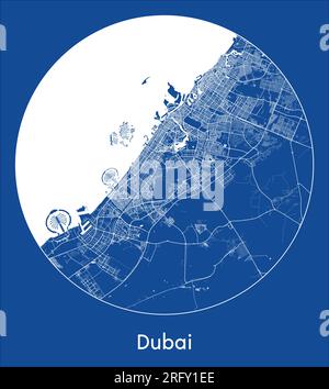 Mappa della città Dubai Emirati Arabi Uniti Asia stampa blu cerchio rotondo illustrazione vettoriale Illustrazione Vettoriale