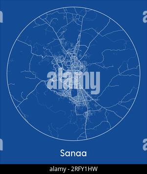 Mappa della città Sanaa Yemen Asia stampa blu cerchio rotondo illustrazione vettoriale Illustrazione Vettoriale