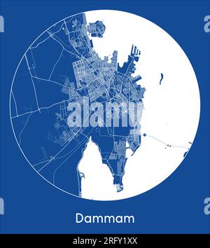 Mappa della città Dammam Arabia Saudita Asia stampa blu cerchio rotondo illustrazione vettoriale Illustrazione Vettoriale